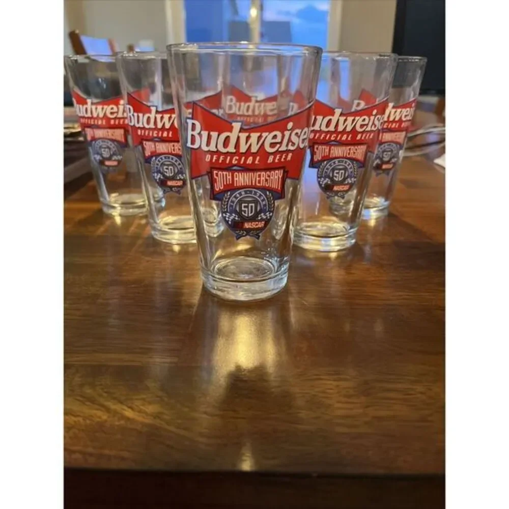 Set of 6 Vintage Budweiser Nascar Drinking Glasses 50 Year Anniversary 1948-1998